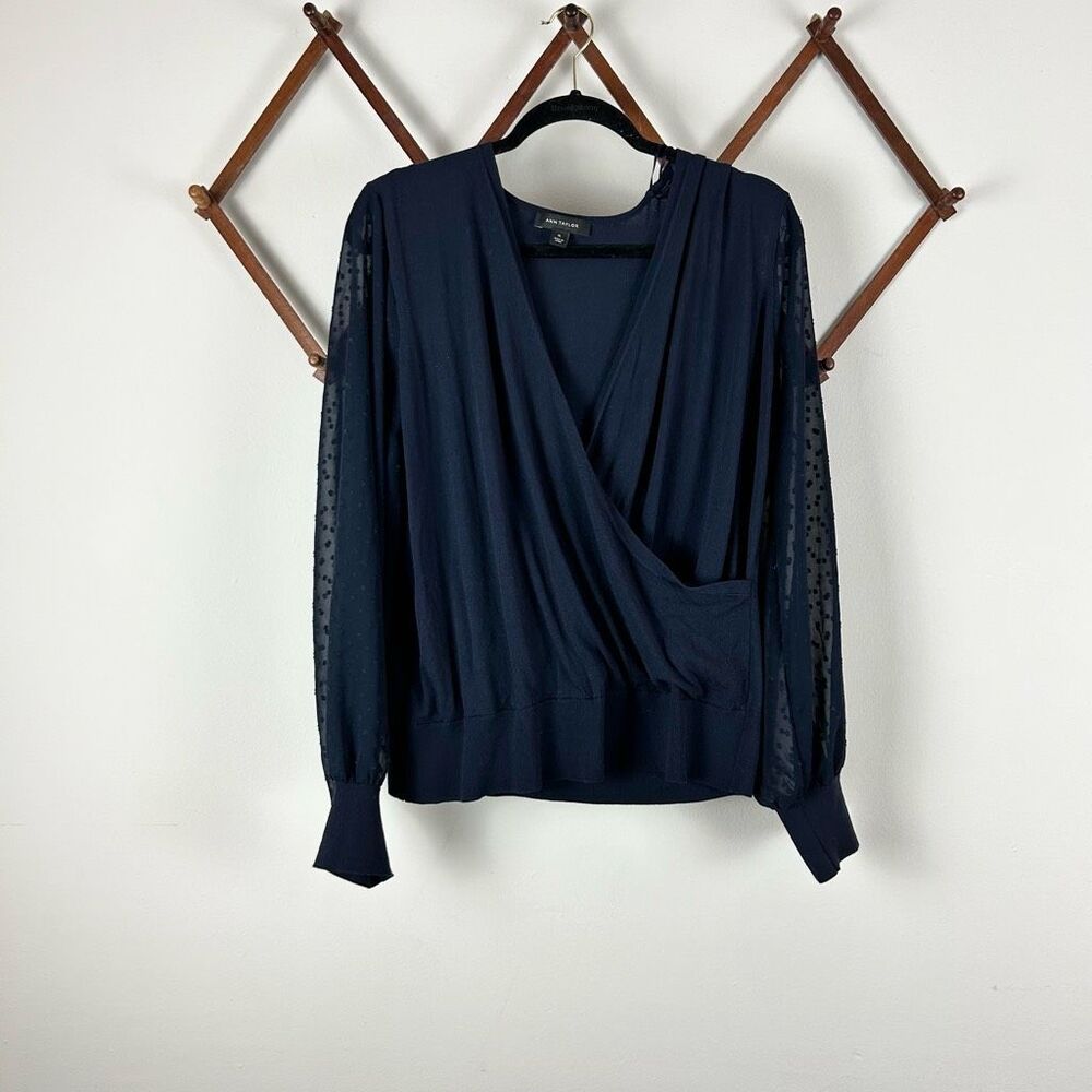 Ann Taylor Navy Wrap Blouse with Sheer Dot Sleeves